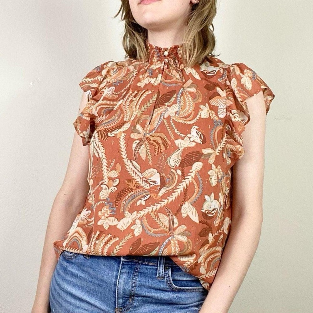 Joie Rust Floral Smocked-Neck Blouse – Boho Ruffle Sleeve (M)